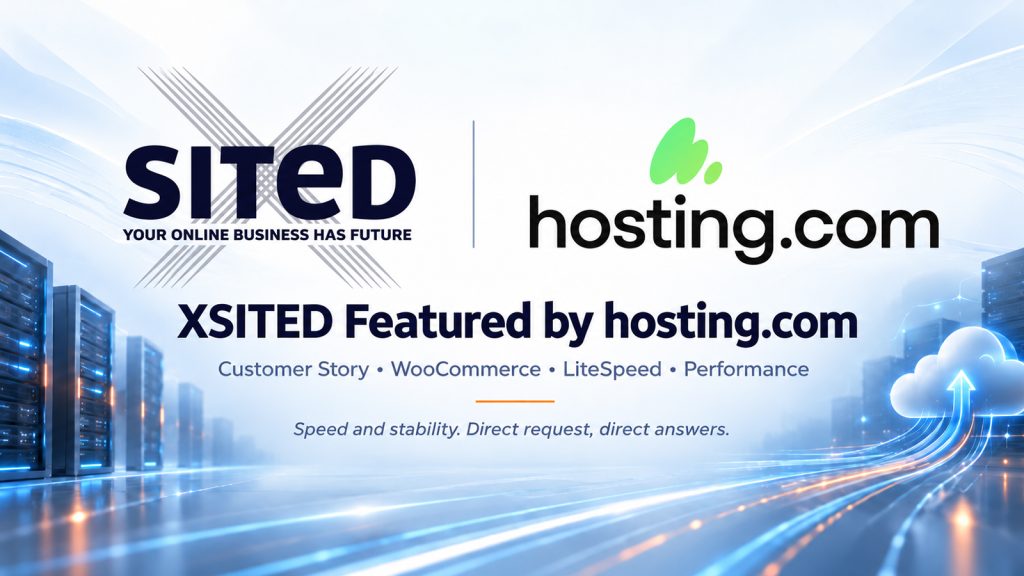 Λογότυπα XSITED και hosting.com σε banner για Customer Story σχετικά με WooCommerce, LiteSpeed και website performance
